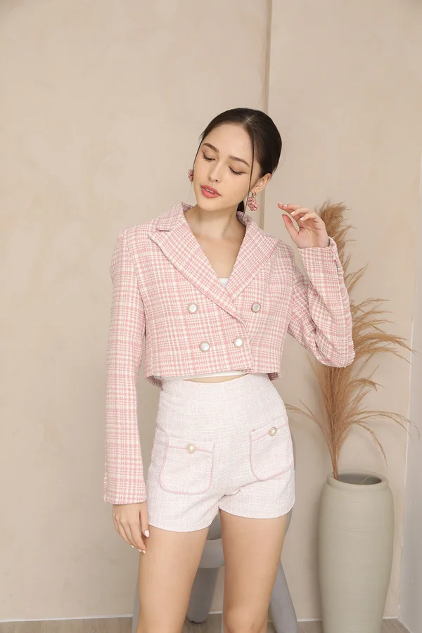 Powdery Pastels Tweed Pocket Pearl Shorts Pink