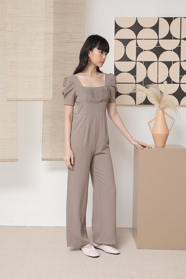 Pleatful of Possibilities Tailored Jumpsuit Taupe Grey