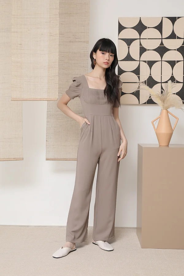 Pleatful of Possibilities Tailored Jumpsuit Taupe Grey