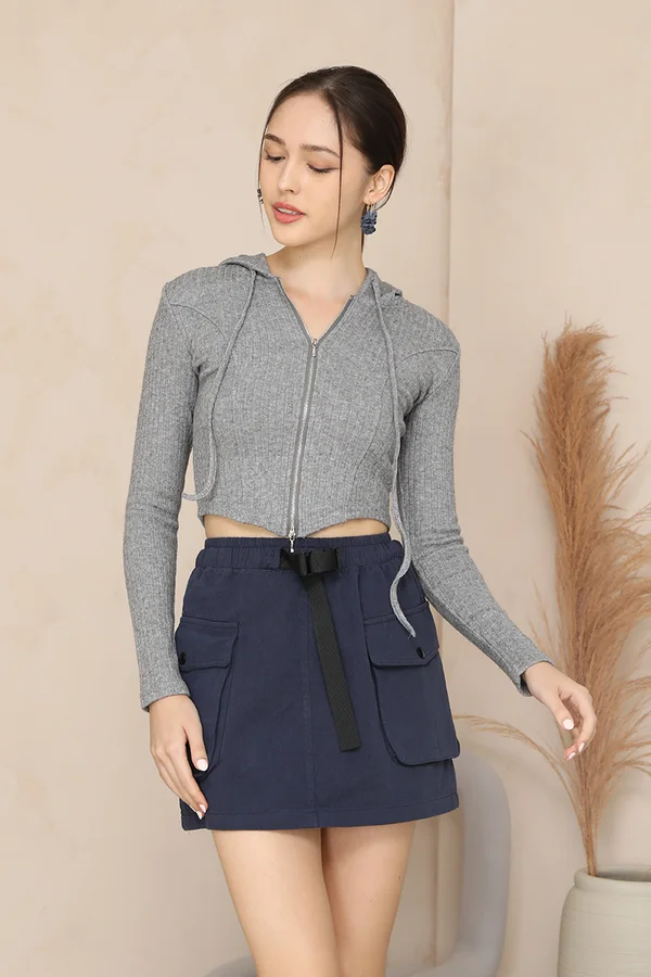 Delightfully Disrupted Tonal Hooded Zip Knit Outer Top Ash Grey