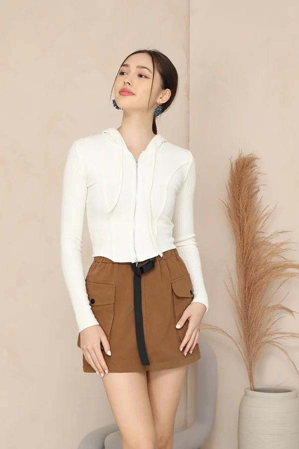 Delightfully Disrupted Tonal Hooded Zip Knit Outer Top White