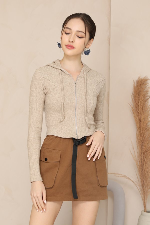 Delightfully Disrupted Tonal Hooded Zip Knit Outer Top Oatmeal