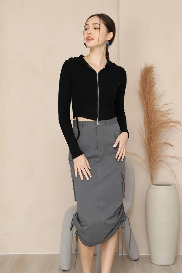 Delightfully Disrupted Tonal Hooded Zip Knit Outer Top Black