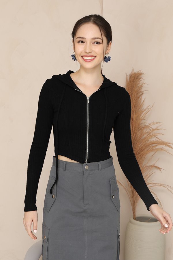 Delightfully Disrupted Tonal Hooded Zip Knit Outer Top Black