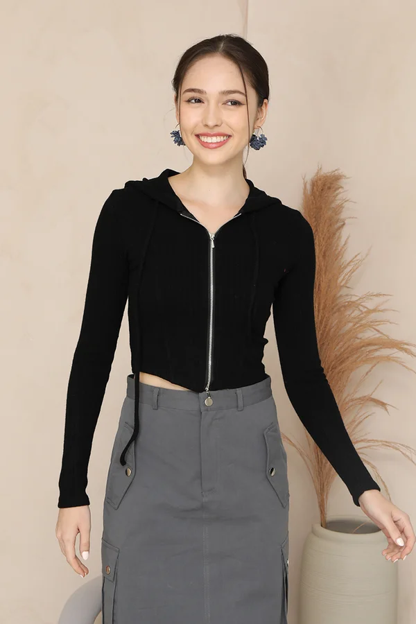 Delightfully Disrupted Tonal Hooded Zip Knit Outer Top Black