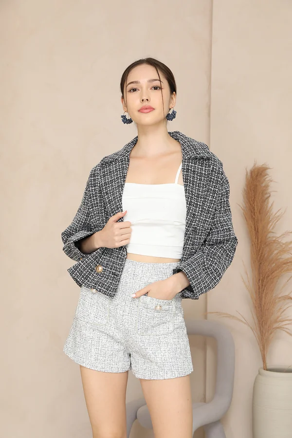 Powdery Pastels Tweed Pocket Pearl Shorts Grey
