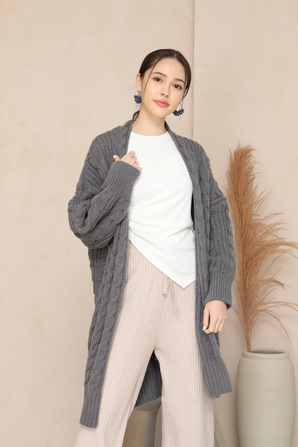 Virtues of Braids Cable Knit Longline Cardigan Ash Grey