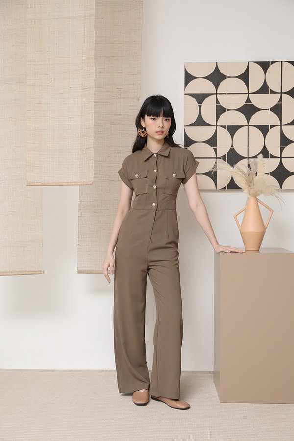 Military Utility Max Button Pocket Jumpsuit Dark Taupe
