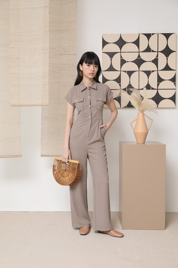 Military Utility Max Button Pocket Jumpsuit Taupe Grey