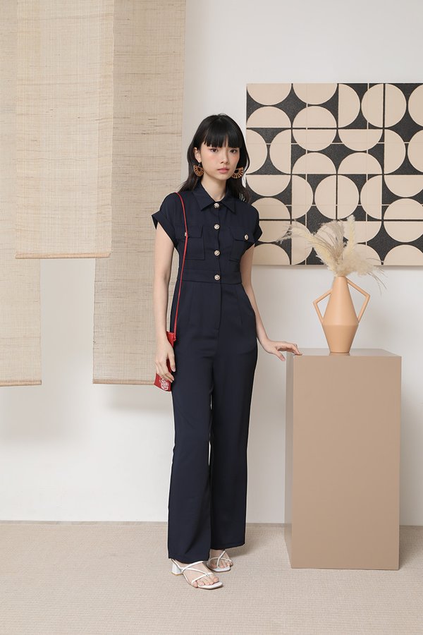 Military Utility Max Button Pocket Jumpsuit Navy Blue