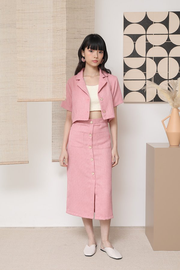 Ode to Coat Tweed Button Pocket Pencil Skirt Pink